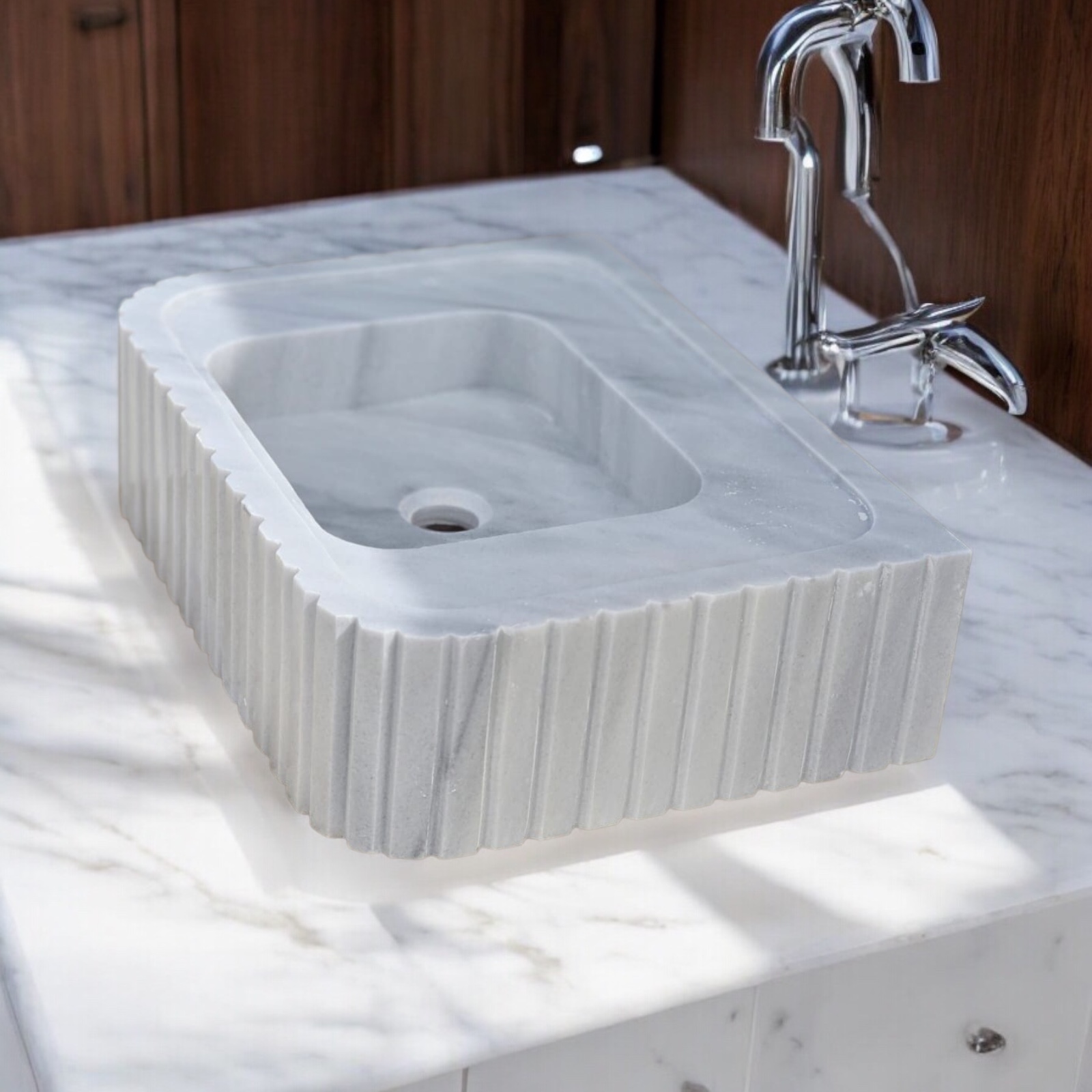 Elegant Bathroom Sink - Hand-Carved White Marble Bathroom Sink – Wall-Mounted or Countertop, Rectangular Vessel, Customizable Design