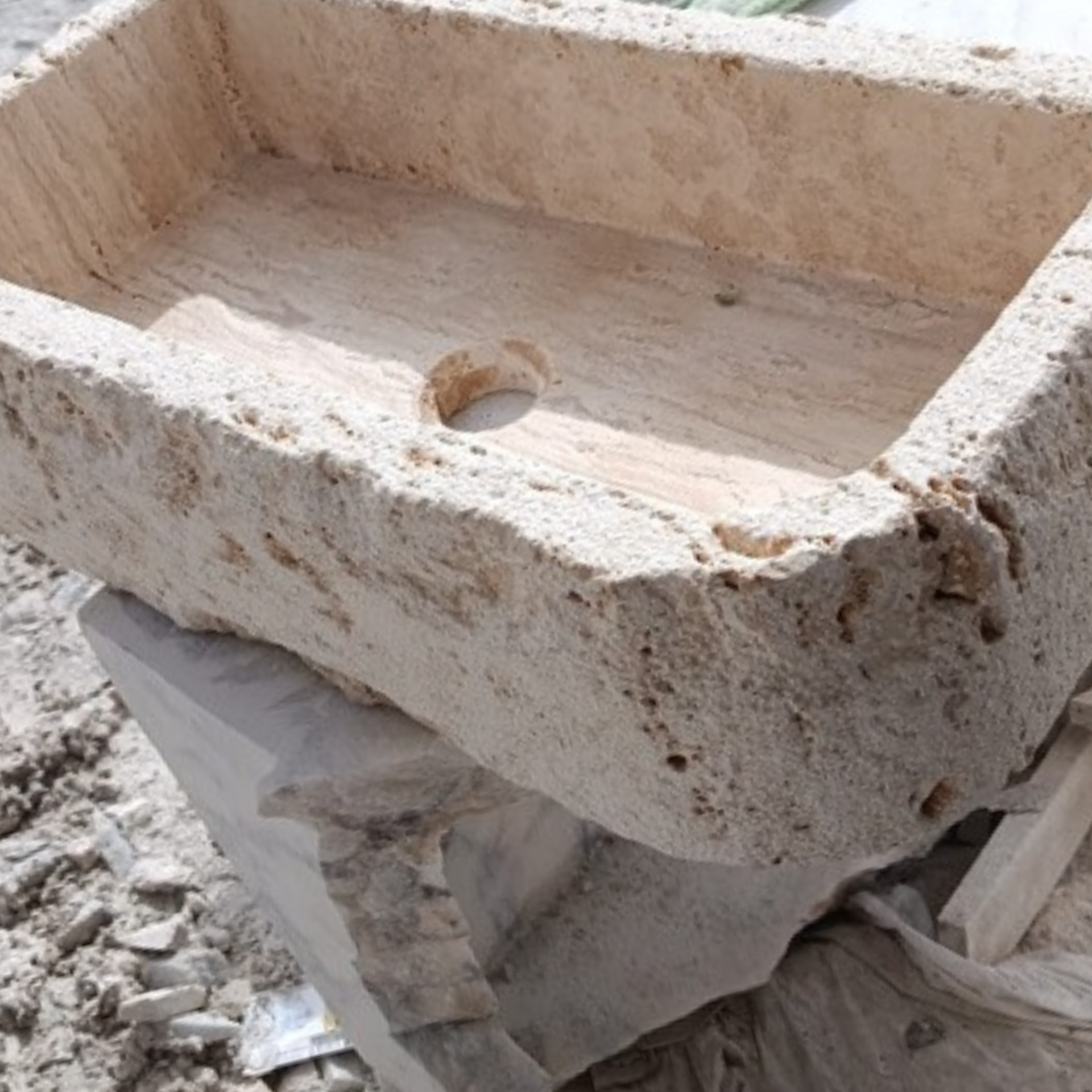 Rough Chiseled Travertine Sink – Wall Mount or Countertop, Etched Travertine Bathroom Sink, Powder Room Stone Sink - Stone Bathroom Vanity