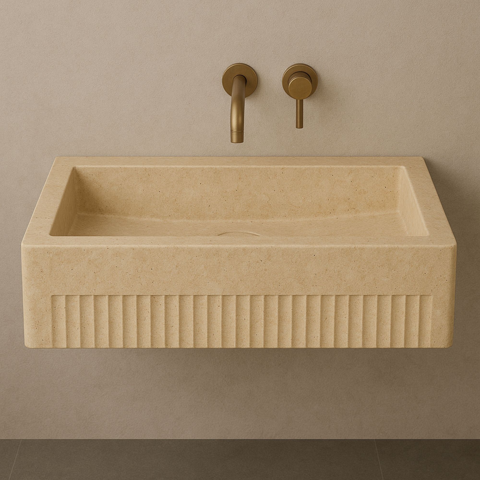 Handmade rectangular travertine bathroom sink with fluted front, wall-mounted floating design, ideal for modern and luxury interiors by marblesinkco  https://marblesinkco.etsy.com