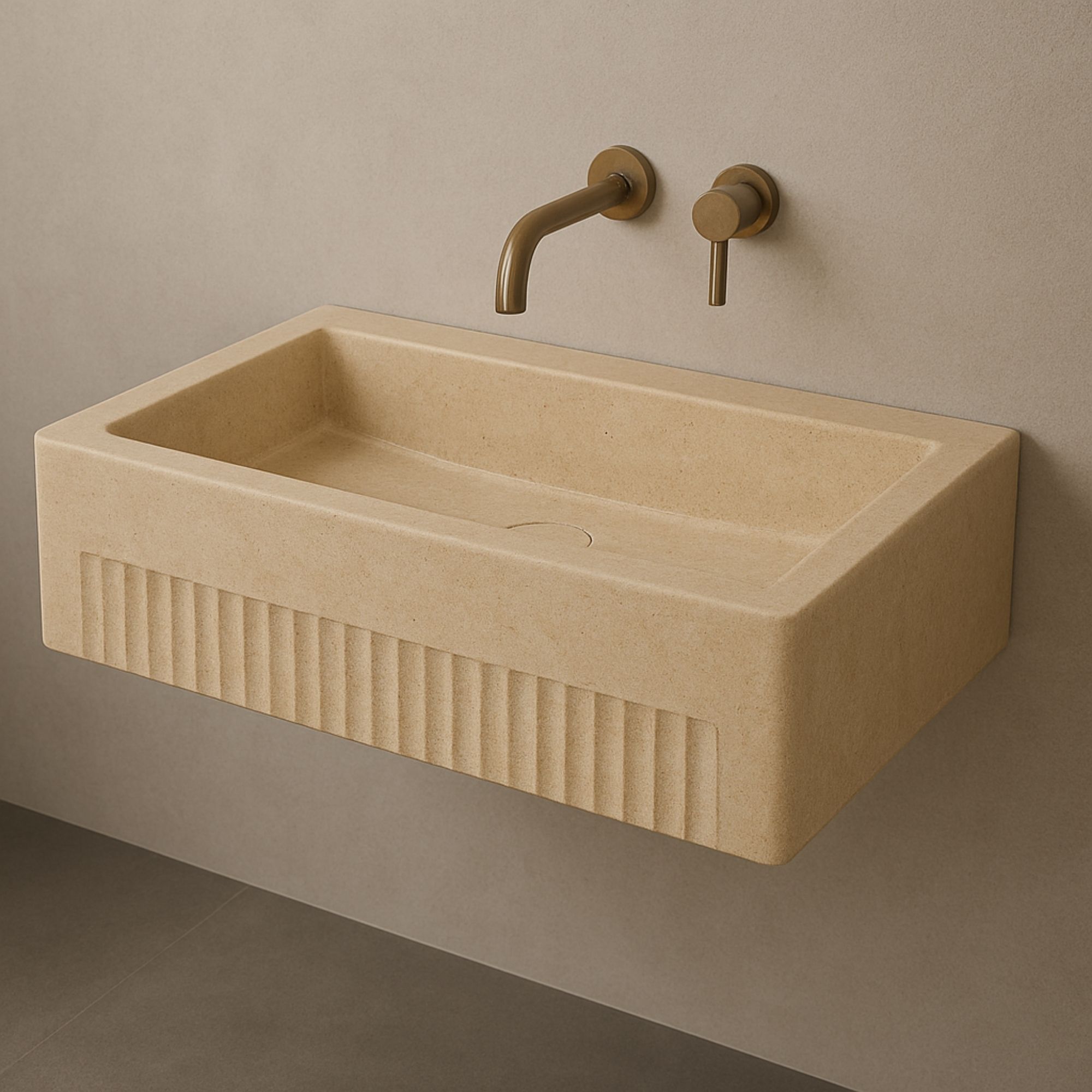 Handmade rectangular travertine bathroom sink with fluted front, wall-mounted floating design, ideal for modern and luxury interiors by marblesinkco  https://marblesinkco.etsy.com