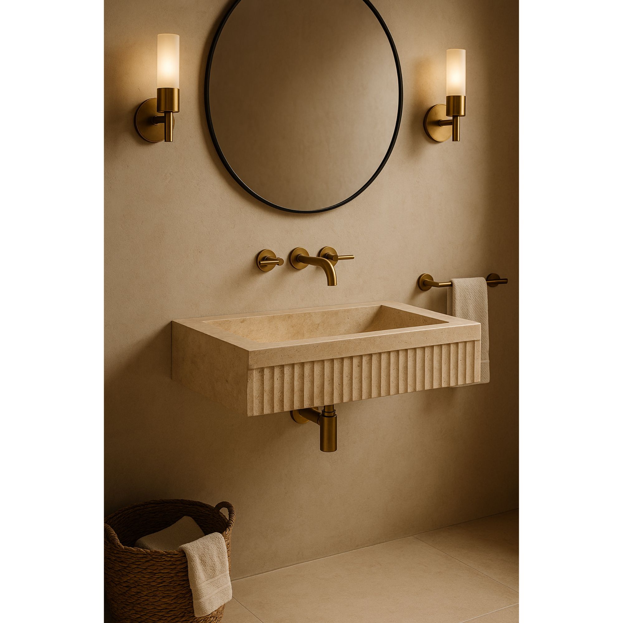 Handmade rectangular travertine bathroom sink with fluted front, wall-mounted floating design, ideal for modern and luxury interiors by marblesinkco  https://marblesinkco.etsy.com