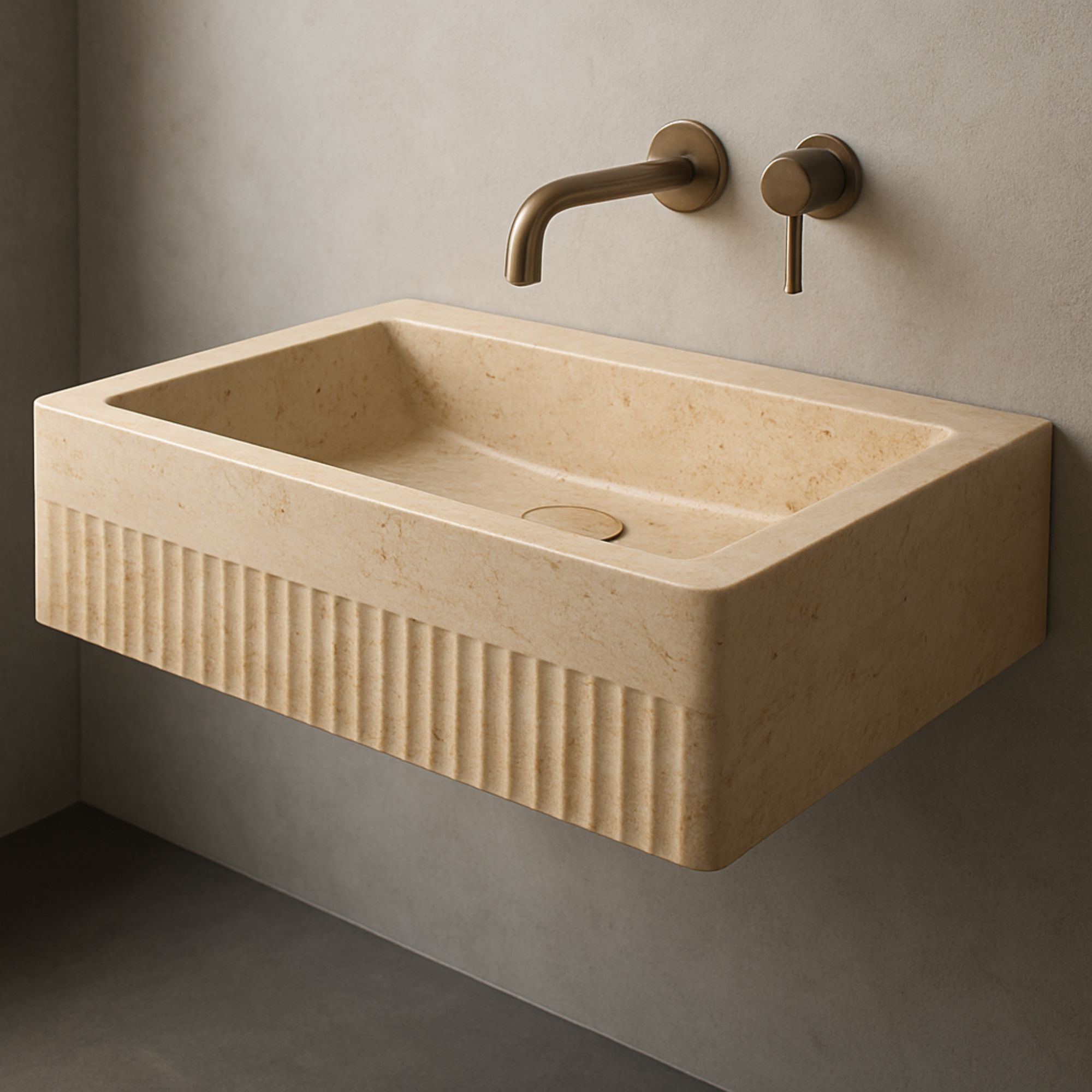 Handmade rectangular travertine bathroom sink with fluted front, wall-mounted floating design, ideal for modern and luxury interiors by marblesinkco  https://marblesinkco.etsy.com