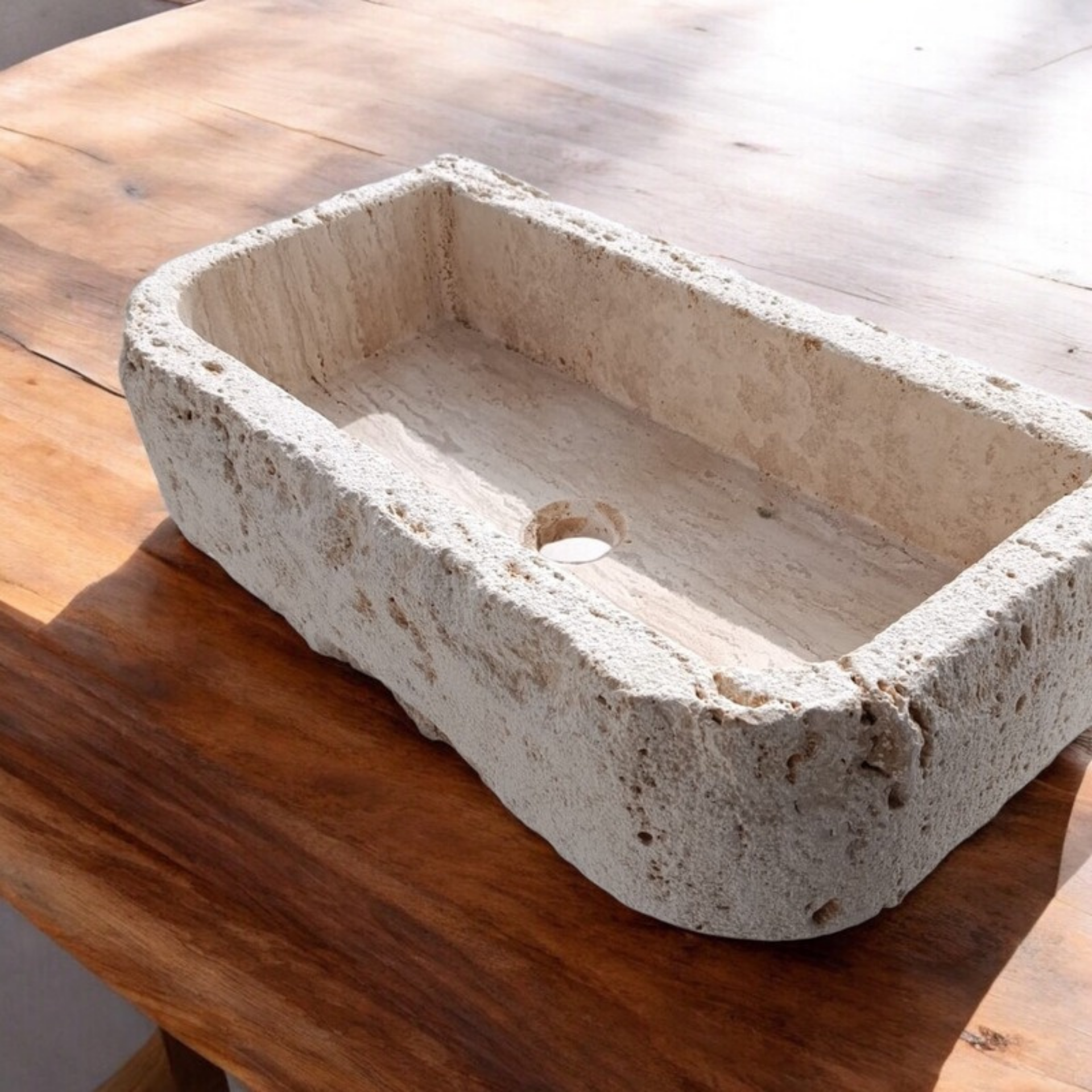 Rough Chiseled Travertine Sink – Wall Mount or Countertop, Etched Travertine Bathroom Sink, Powder Room Stone Sink - Stone Bathroom Vanity
