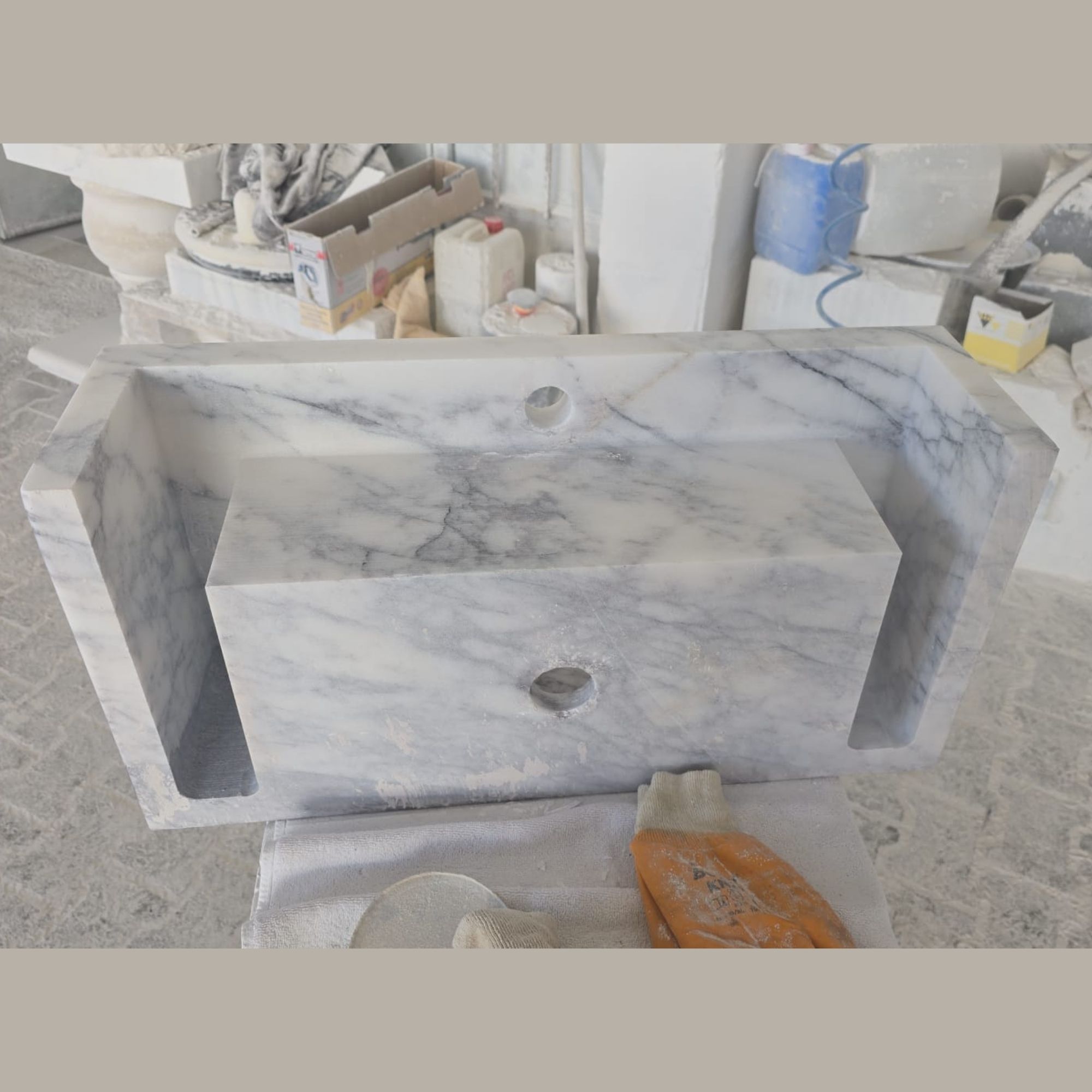 Custom White Marble Floating Sink with Gray Black Veins, Wall Mounted or Countertop Basin, Natural Stone Rectangle Bathroom Vanity