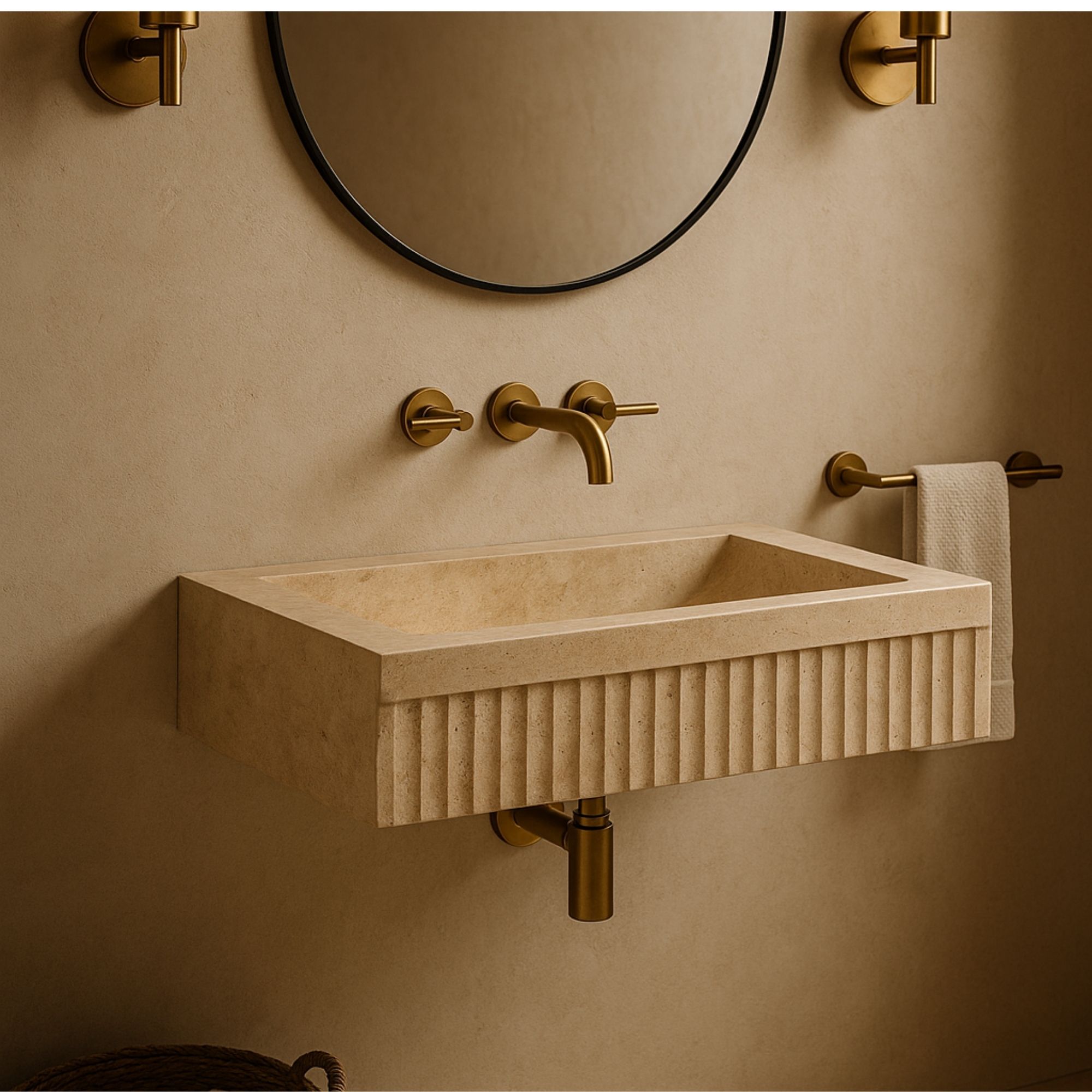 Handmade rectangular travertine bathroom sink with fluted front, wall-mounted floating design, ideal for modern and luxury interiors by marblesinkco  https://marblesinkco.etsy.com