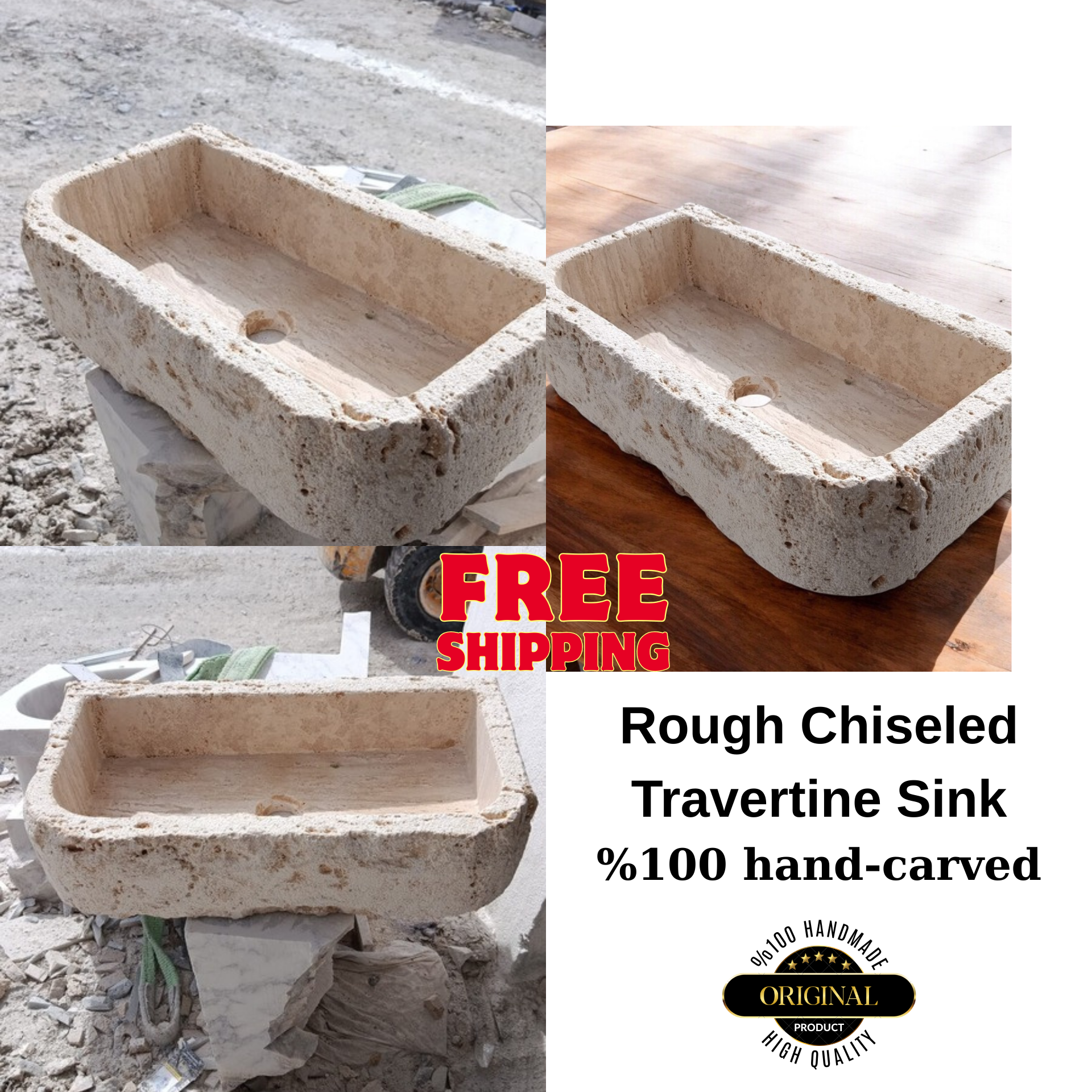 Rough Chiseled Travertine Sink – Wall Mount or Countertop, Etched Travertine Bathroom Sink, Powder Room Stone Sink - Stone Bathroom Vanity