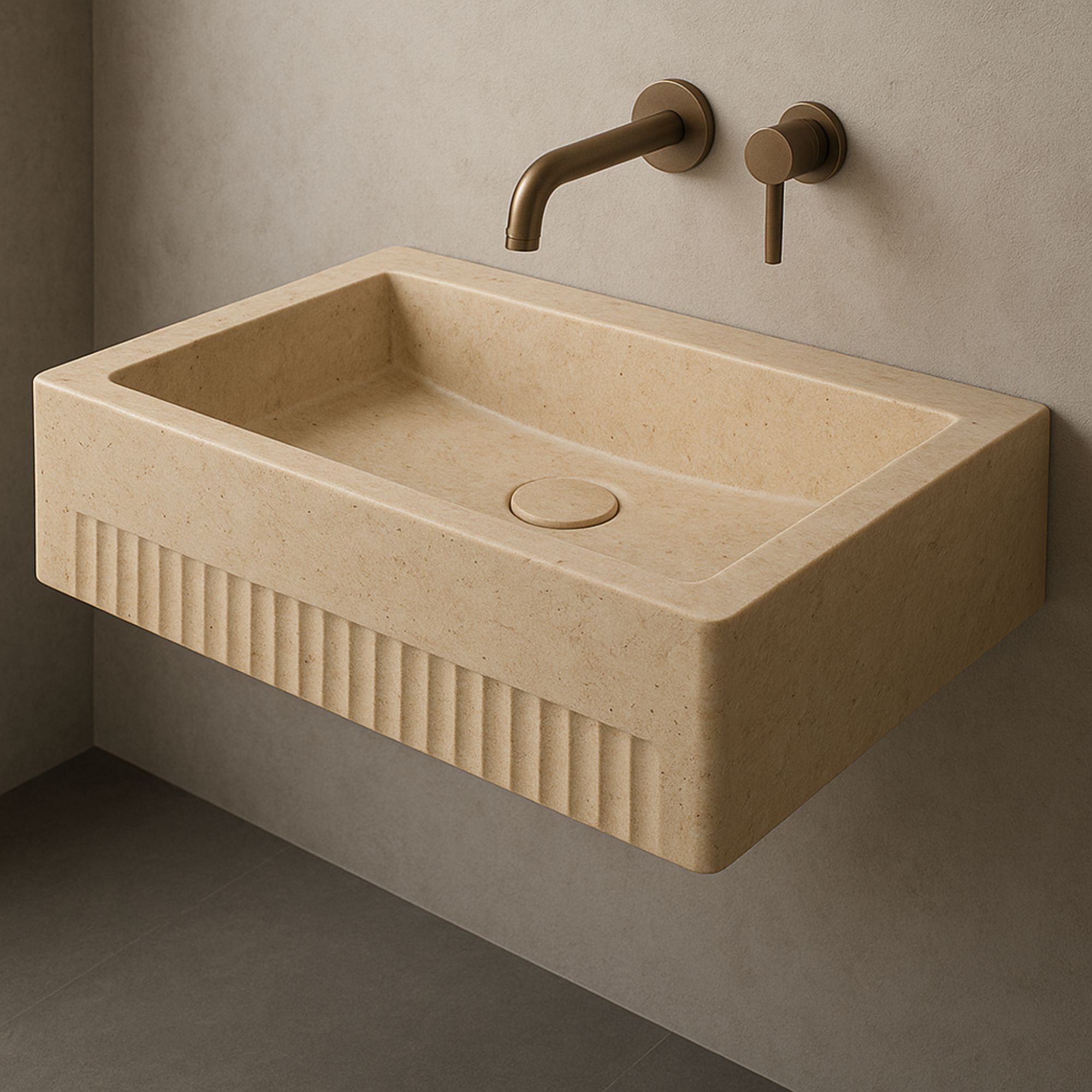 Handmade rectangular travertine bathroom sink with fluted front, wall-mounted floating design, ideal for modern and luxury interiors by marblesinkco  https://marblesinkco.etsy.com