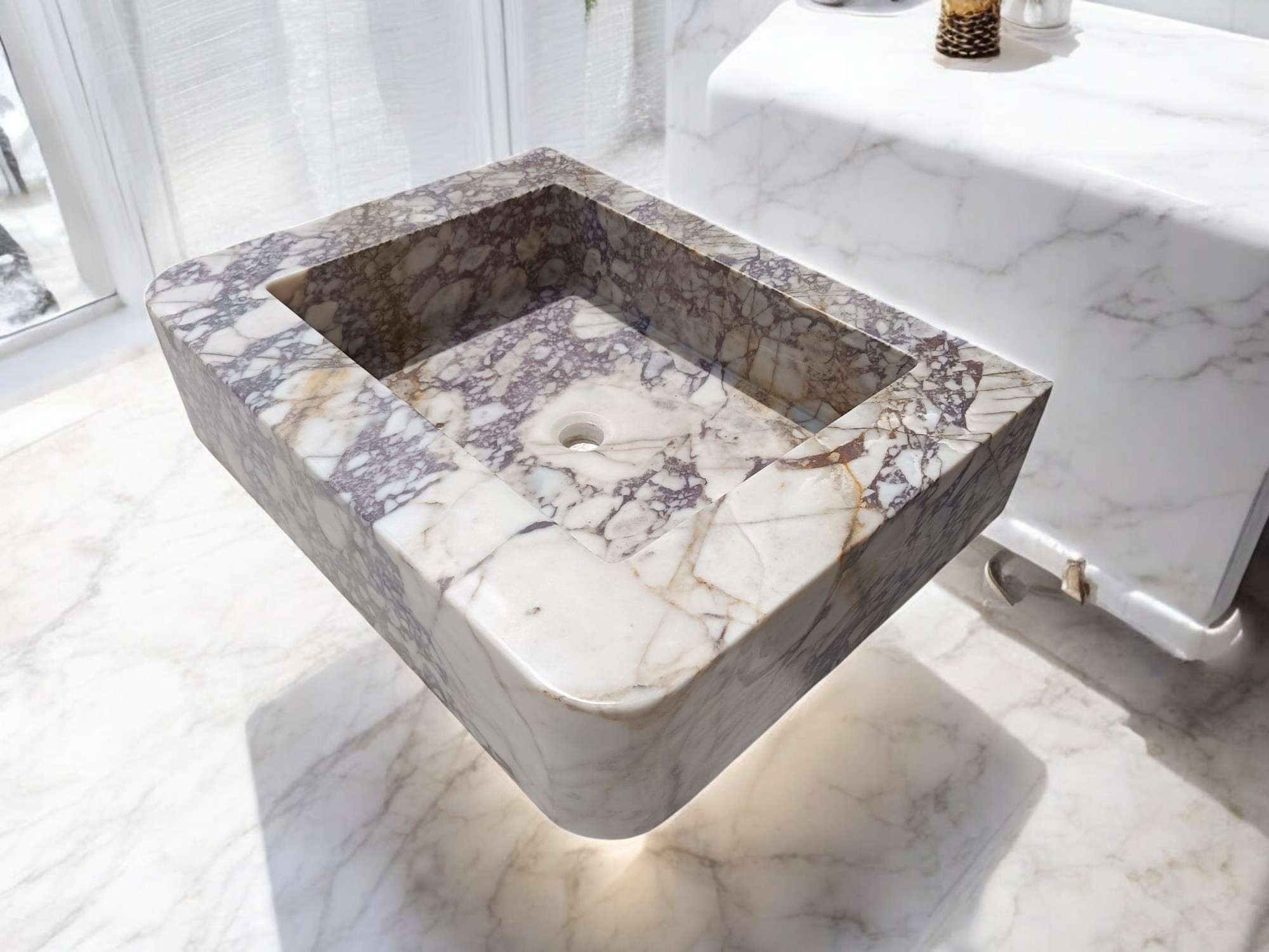 Calacatta Marble Sink – Hand-Carved Rectangular Vanity – Floating or Countertop Installation – Luxury Bathroom Centerpiece