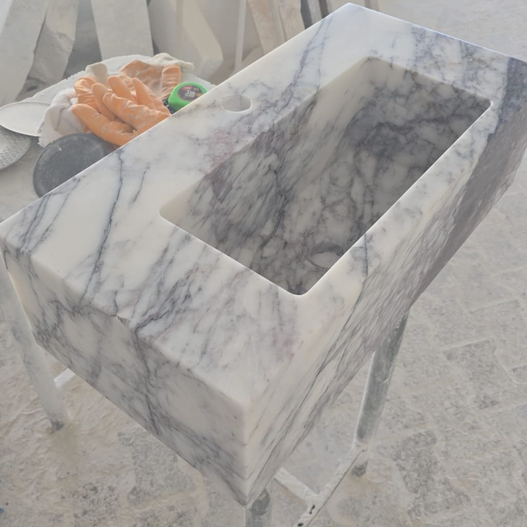 Custom White Marble Floating Sink with Gray Black Veins, Wall Mounted or Countertop Basin, Natural Stone Rectangle Bathroom Vanity
