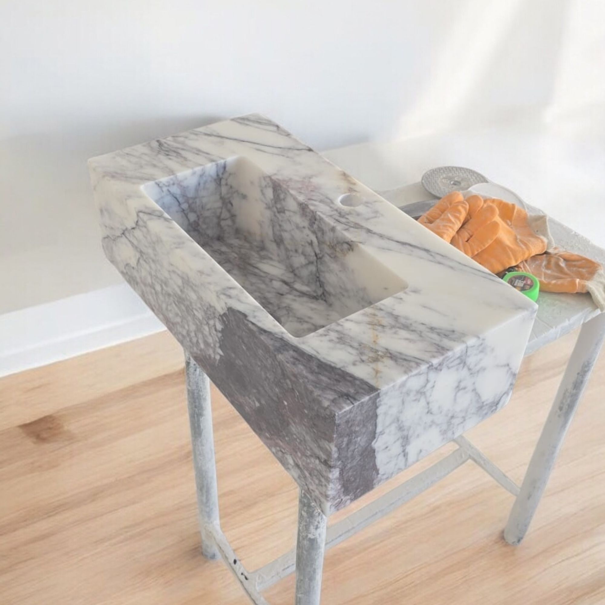 Custom White Marble Floating Sink with Gray Black Veins, Wall Mounted or Countertop Basin, Natural Stone Rectangle Bathroom Vanity