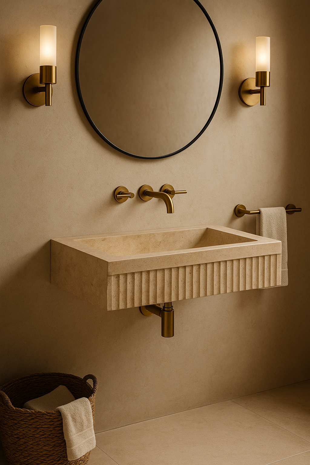 Handmade rectangular travertine bathroom sink with fluted front, wall-mounted floating design, ideal for modern and luxury interiors by marblesinkco  https://marblesinkco.etsy.com