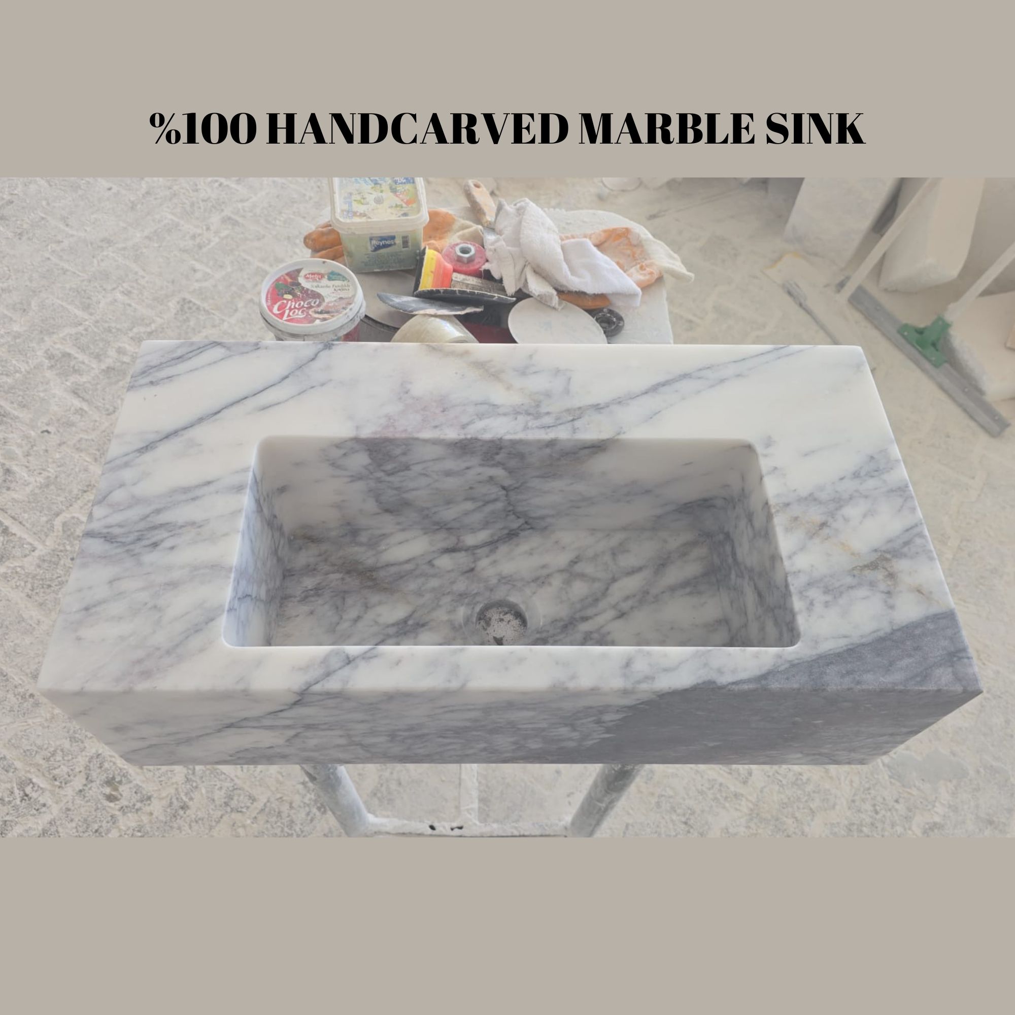 Custom White Marble Floating Sink with Gray Black Veins, Wall Mounted or Countertop Basin, Natural Stone Rectangle Bathroom Vanity