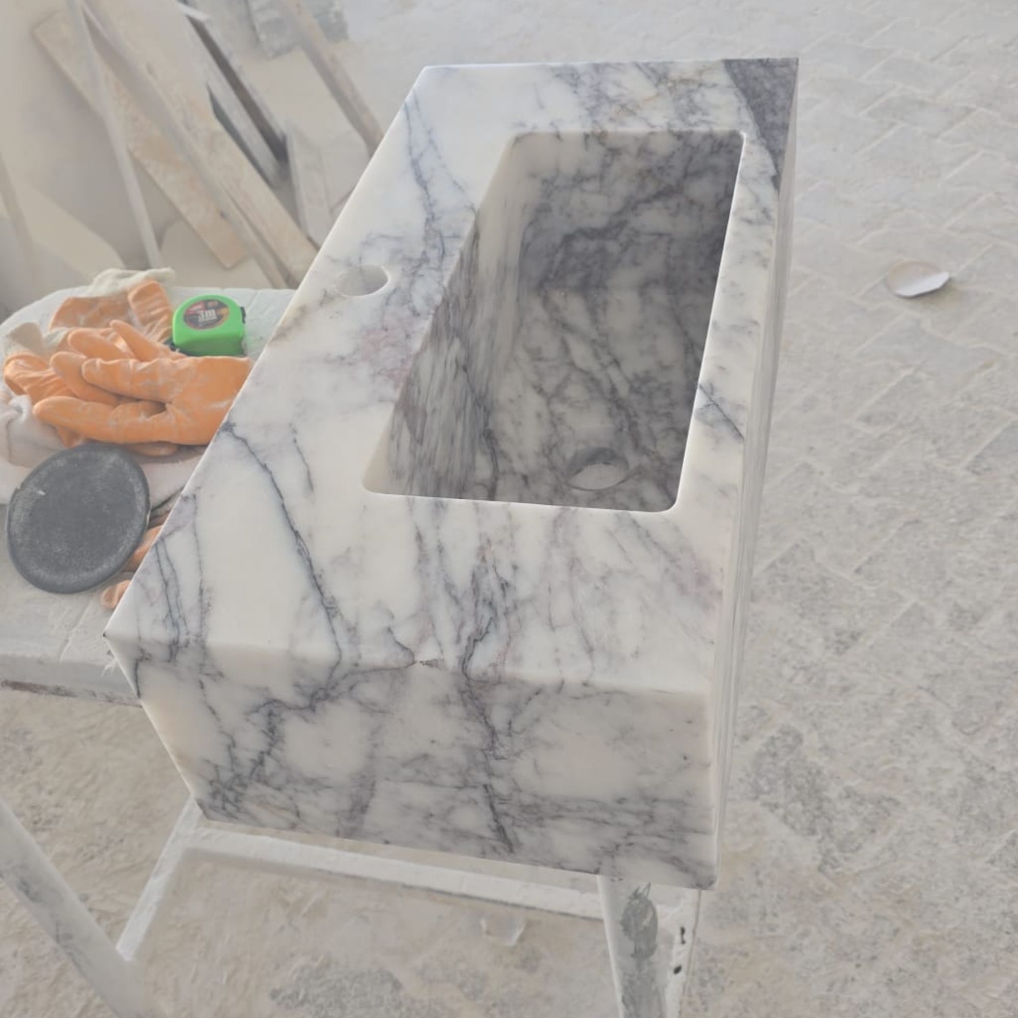 Custom White Marble Floating Sink with Gray Black Veins, Wall Mounted or Countertop Basin, Natural Stone Rectangle Bathroom Vanity